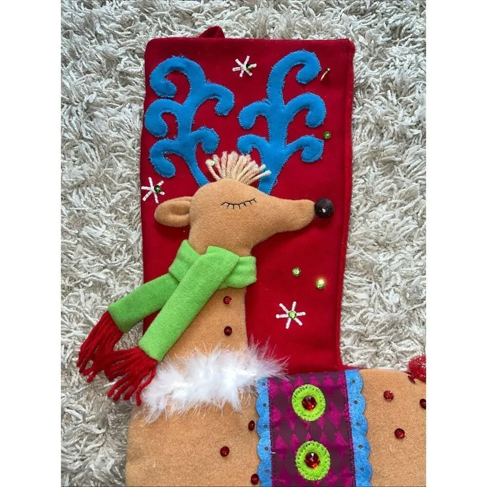 Pier 1 One Imports Festive Reindeer Dangle Legs Sequin Christmas Stocking